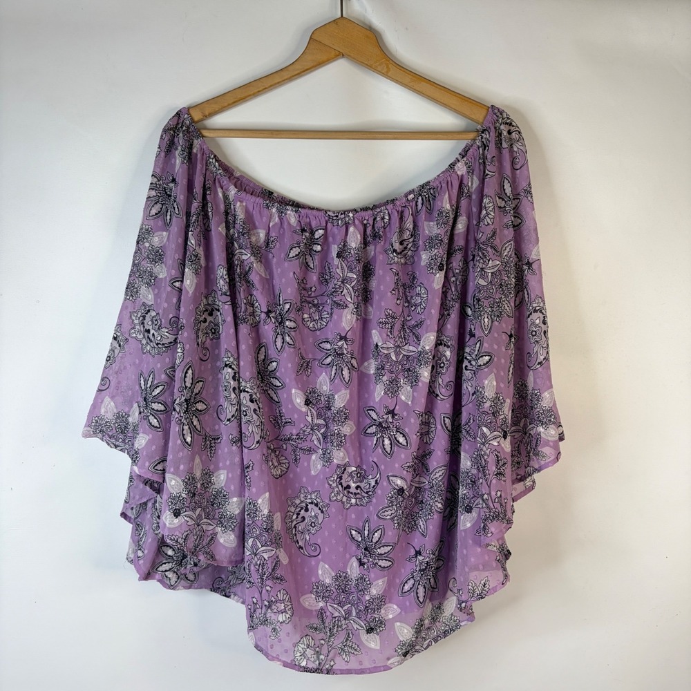 Lane Bryant Blouse Womens 18/20 Purple Floral Paisley Swiss Dot Off Shoulder